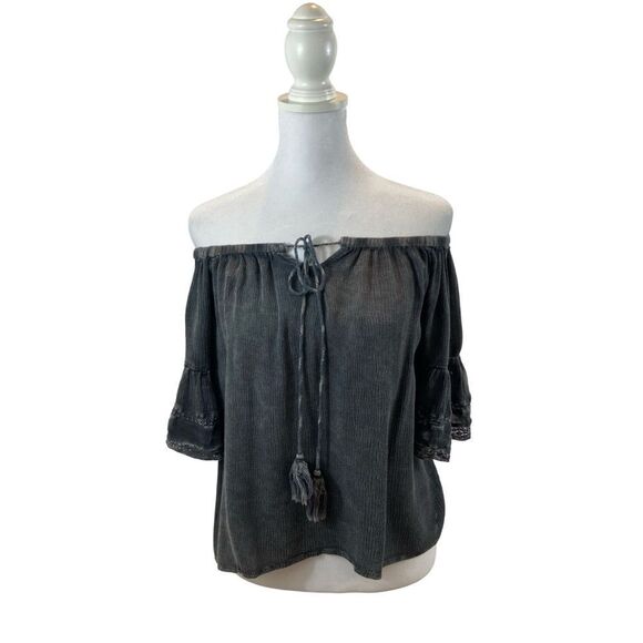 Paper Crane Black Grey Mineral Wash Boho Peasant Blouse Size Small - Picture 3 of 11